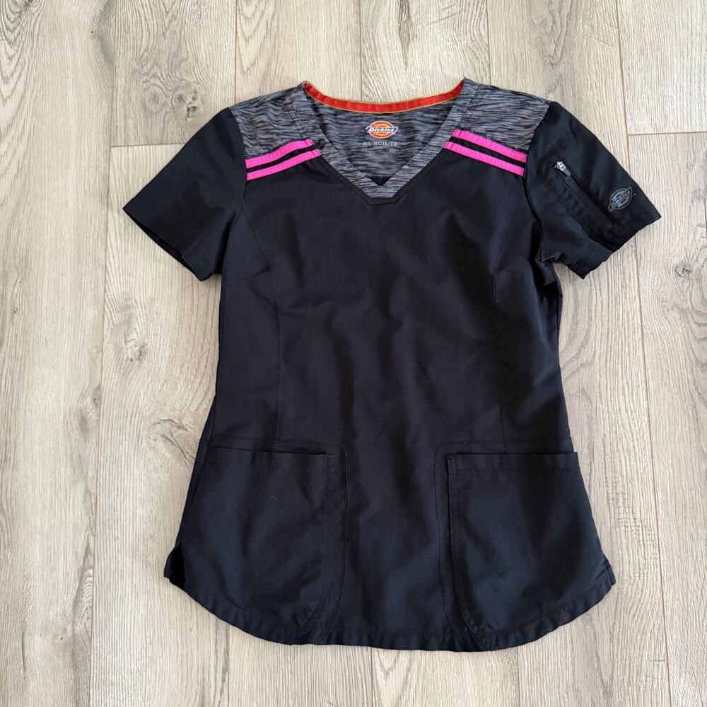 Dickies scrub top Xs black w pink stripes womens nurse lightweight workwear